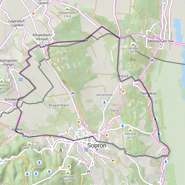 Map miniature of "Scenic Cycling Tour around Ágfalva" cycling inspiration in Nyugat-Dunántúl, Hungary. Generated by Tarmacs.app cycling route planner