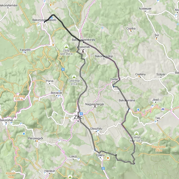 Map miniature of "Bakonyszentkirály Scenic Road Tour" cycling inspiration in Nyugat-Dunántúl, Hungary. Generated by Tarmacs.app cycling route planner