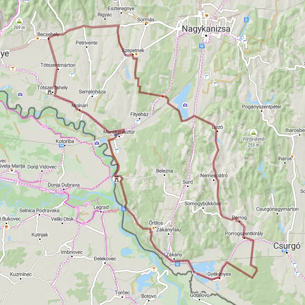 Map miniature of "Becsehely-Gravel Adventure" cycling inspiration in Nyugat-Dunántúl, Hungary. Generated by Tarmacs.app cycling route planner