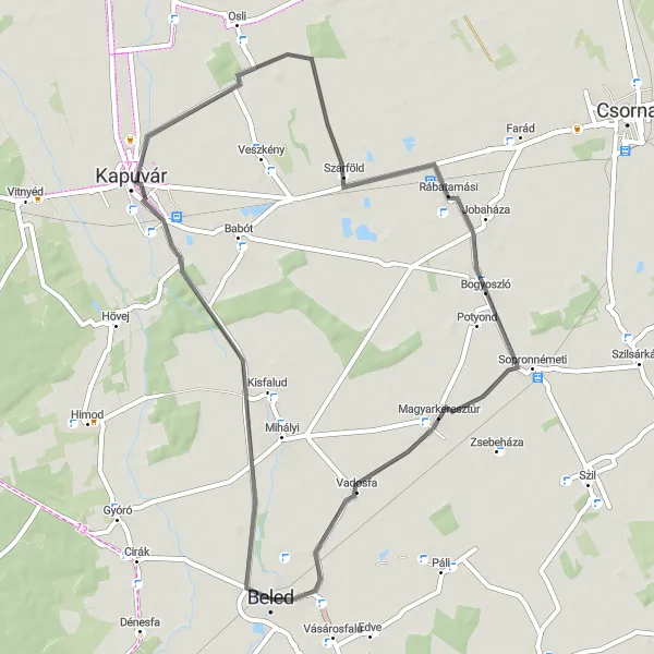 Map miniature of "Kapuvár-Kisfalud Loop" cycling inspiration in Nyugat-Dunántúl, Hungary. Generated by Tarmacs.app cycling route planner