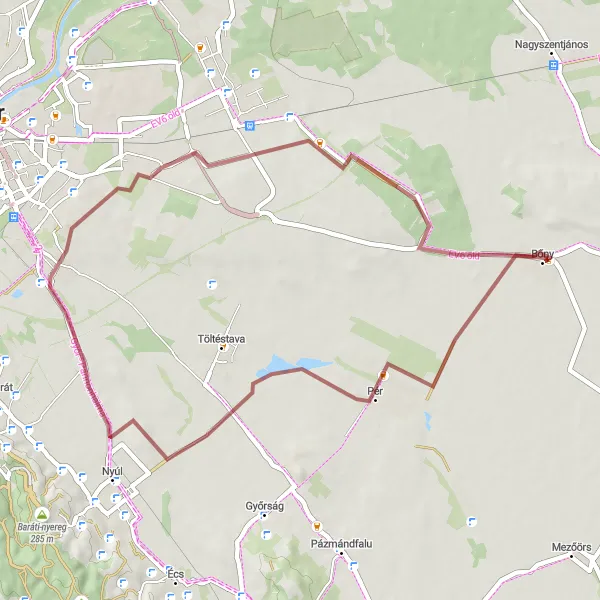 Map miniature of "Bőny - Pér - Kakas-hegy - Szabadhegy - Bőny" cycling inspiration in Nyugat-Dunántúl, Hungary. Generated by Tarmacs.app cycling route planner