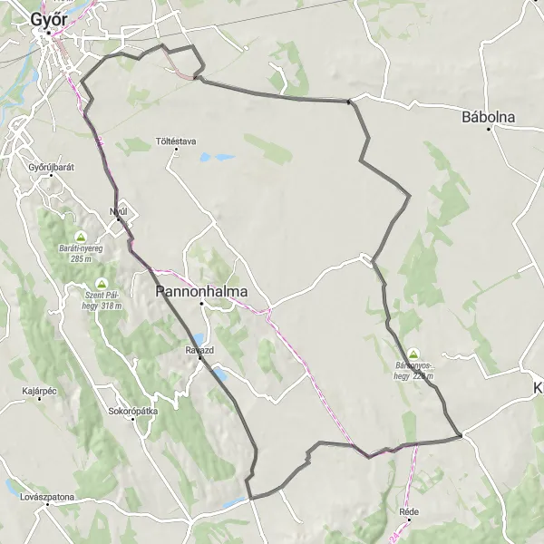 Map miniature of "Bőny - Öreg-hegy - Szabadhegy - Örkénypuszta - Bőny" cycling inspiration in Nyugat-Dunántúl, Hungary. Generated by Tarmacs.app cycling route planner