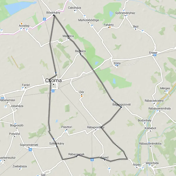 Map miniature of "Barbacs and Csorna Loop" cycling inspiration in Nyugat-Dunántúl, Hungary. Generated by Tarmacs.app cycling route planner