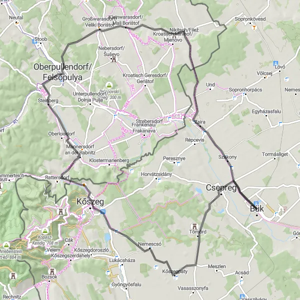 Map miniature of "Csepreg and Kőszegfalva Round-Trip" cycling inspiration in Nyugat-Dunántúl, Hungary. Generated by Tarmacs.app cycling route planner