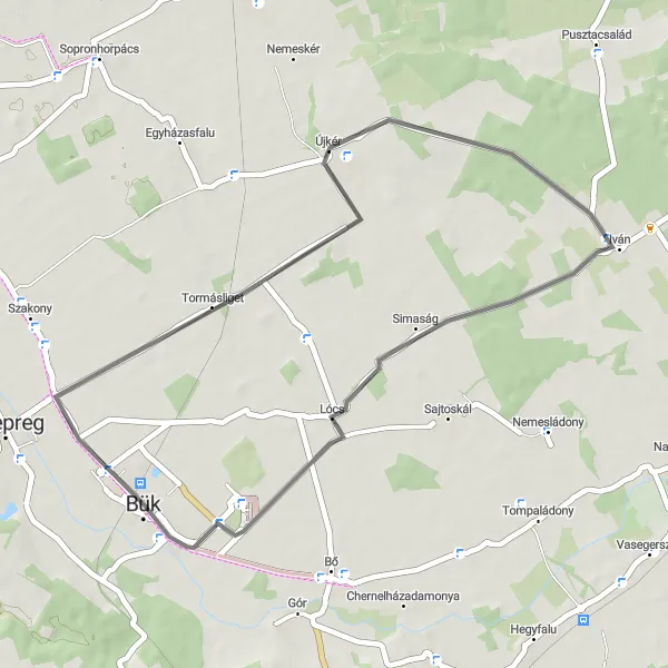 Map miniature of "Scenic Ride to Lócs" cycling inspiration in Nyugat-Dunántúl, Hungary. Generated by Tarmacs.app cycling route planner