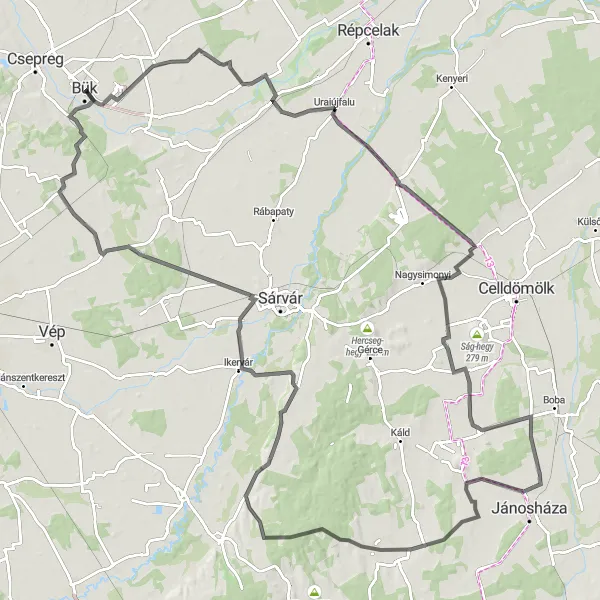 Map miniature of "Bük to Középbük Loop" cycling inspiration in Nyugat-Dunántúl, Hungary. Generated by Tarmacs.app cycling route planner