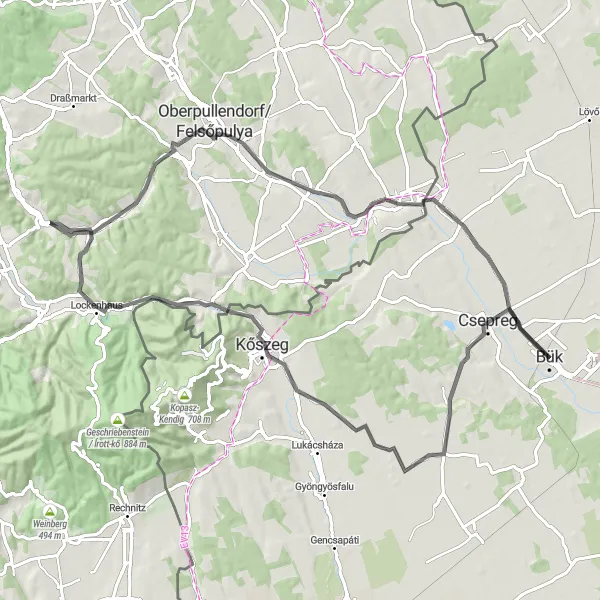 Map miniature of "Csepreg and Kőszegfalva Circuit" cycling inspiration in Nyugat-Dunántúl, Hungary. Generated by Tarmacs.app cycling route planner