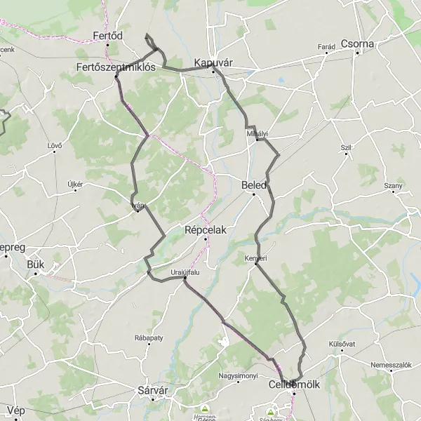 Map miniature of "The Historic Road Cycling Journey from Celldömölk to Vitnyéd" cycling inspiration in Nyugat-Dunántúl, Hungary. Generated by Tarmacs.app cycling route planner