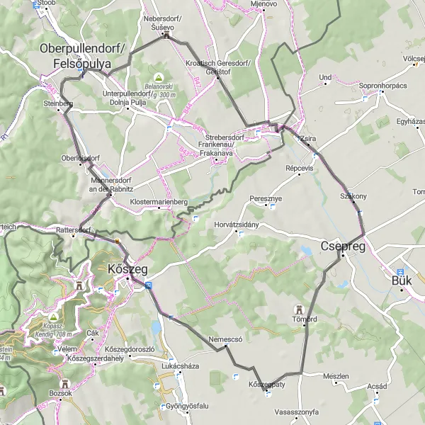 Map miniature of "Panoramic Views and Historical Sites" cycling inspiration in Nyugat-Dunántúl, Hungary. Generated by Tarmacs.app cycling route planner