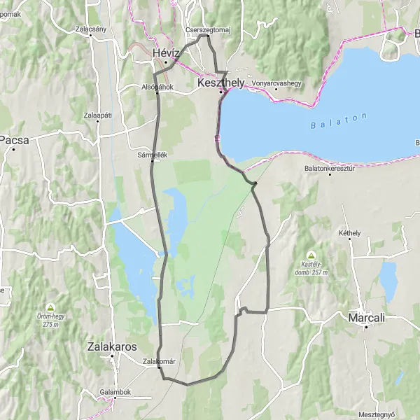 Map miniature of "Cserszegtomaj - Hévíz Road Route" cycling inspiration in Nyugat-Dunántúl, Hungary. Generated by Tarmacs.app cycling route planner