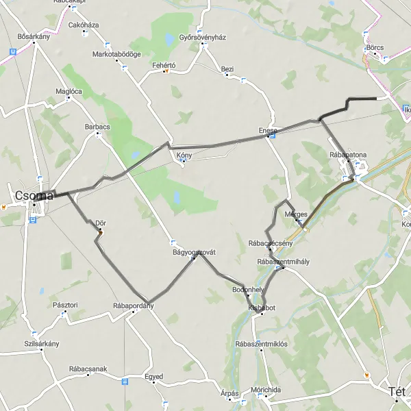 Map miniature of "Scenic Road Cycling Route from Csorna to Dör via Enese and Mérges" cycling inspiration in Nyugat-Dunántúl, Hungary. Generated by Tarmacs.app cycling route planner