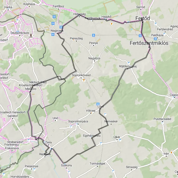 Map miniature of "Fertőd to Röjtökmuzsaj" cycling inspiration in Nyugat-Dunántúl, Hungary. Generated by Tarmacs.app cycling route planner