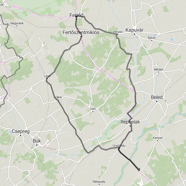 Map miniature of "Fertőd to Röjtökmuzsaj and back" cycling inspiration in Nyugat-Dunántúl, Hungary. Generated by Tarmacs.app cycling route planner