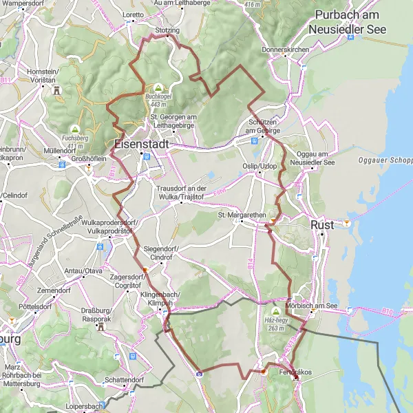 Map miniature of "Discovering Fertőrákos" cycling inspiration in Nyugat-Dunántúl, Hungary. Generated by Tarmacs.app cycling route planner