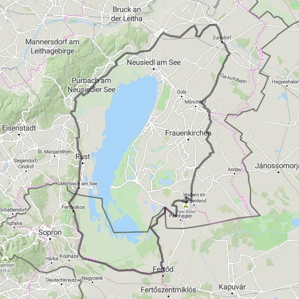 Map miniature of "Neusiedlersee Ringstraße" cycling inspiration in Nyugat-Dunántúl, Hungary. Generated by Tarmacs.app cycling route planner