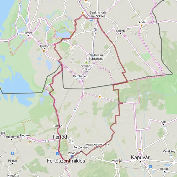 Map miniature of "Fertőszentmiklós - Agyagosszergény" cycling inspiration in Nyugat-Dunántúl, Hungary. Generated by Tarmacs.app cycling route planner