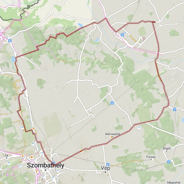 Map miniature of "Rural Escape Gravel Loop" cycling inspiration in Nyugat-Dunántúl, Hungary. Generated by Tarmacs.app cycling route planner