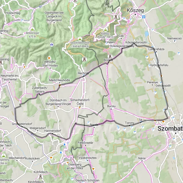 Map miniature of "Panoramic Road Adventure" cycling inspiration in Nyugat-Dunántúl, Hungary. Generated by Tarmacs.app cycling route planner