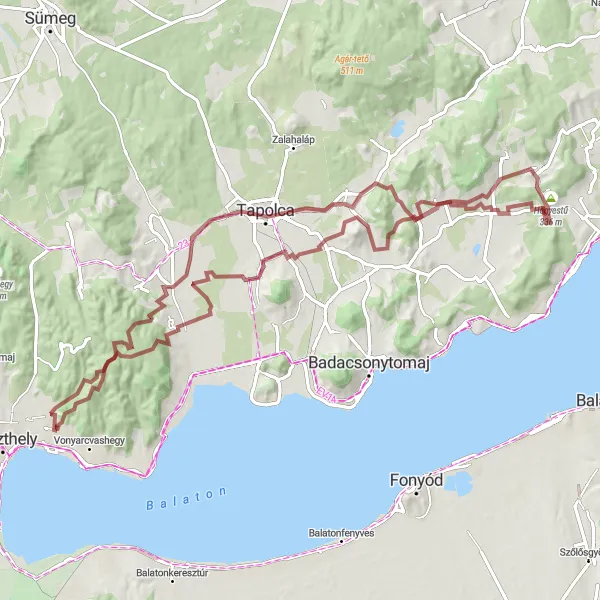 Map miniature of "Gyenesdiás Gravel Adventure" cycling inspiration in Nyugat-Dunántúl, Hungary. Generated by Tarmacs.app cycling route planner