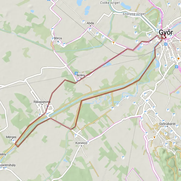 Map miniature of "Győr-Gyor Loop" cycling inspiration in Nyugat-Dunántúl, Hungary. Generated by Tarmacs.app cycling route planner