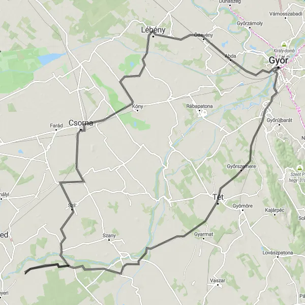 Map miniature of "Győr-Lébény Loop" cycling inspiration in Nyugat-Dunántúl, Hungary. Generated by Tarmacs.app cycling route planner