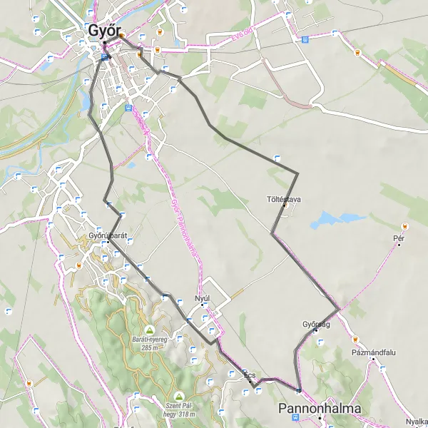 Map miniature of "Győr to Baráti-domb" cycling inspiration in Nyugat-Dunántúl, Hungary. Generated by Tarmacs.app cycling route planner