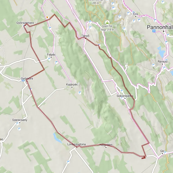 Map miniature of "Győrszemere to Gyömöre Gravel Route" cycling inspiration in Nyugat-Dunántúl, Hungary. Generated by Tarmacs.app cycling route planner