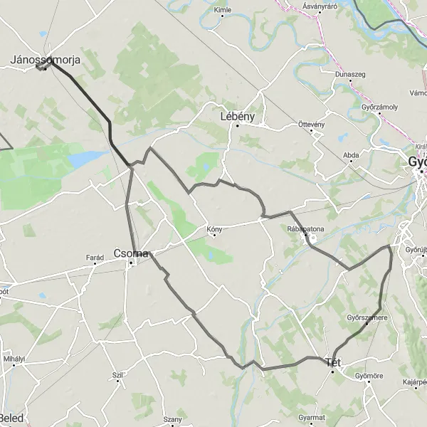 Map miniature of "Győrszemere to Rábapatona Road Route" cycling inspiration in Nyugat-Dunántúl, Hungary. Generated by Tarmacs.app cycling route planner