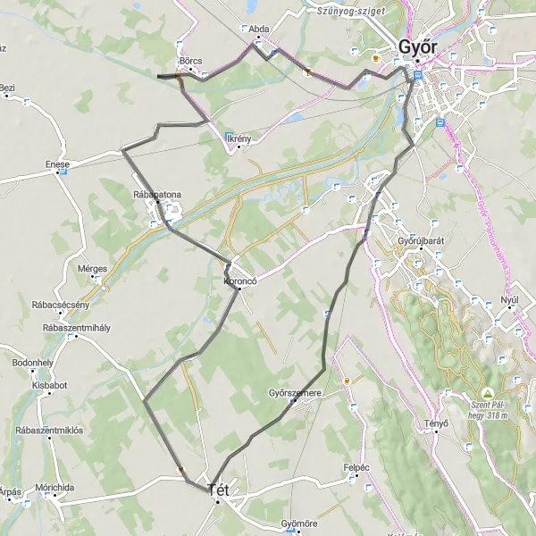 Map miniature of "Tét to Győrszemere" cycling inspiration in Nyugat-Dunántúl, Hungary. Generated by Tarmacs.app cycling route planner