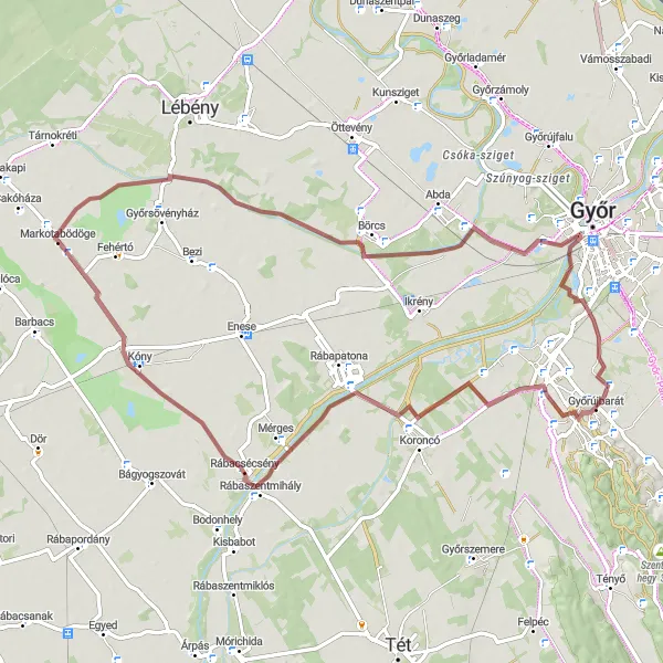 Map miniature of "Győrújbarát - Világosvár Gravel Cycling Route" cycling inspiration in Nyugat-Dunántúl, Hungary. Generated by Tarmacs.app cycling route planner