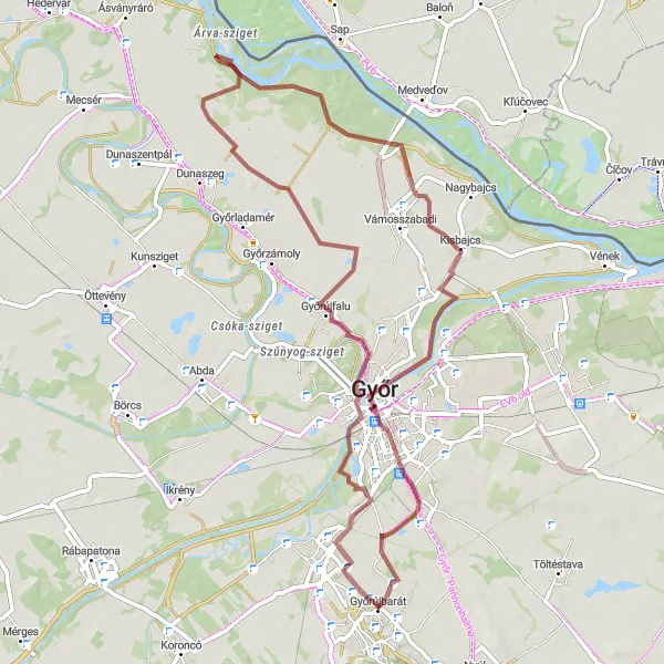 Map miniature of "Gravel Adventure: Győrújbarát Circuit" cycling inspiration in Nyugat-Dunántúl, Hungary. Generated by Tarmacs.app cycling route planner