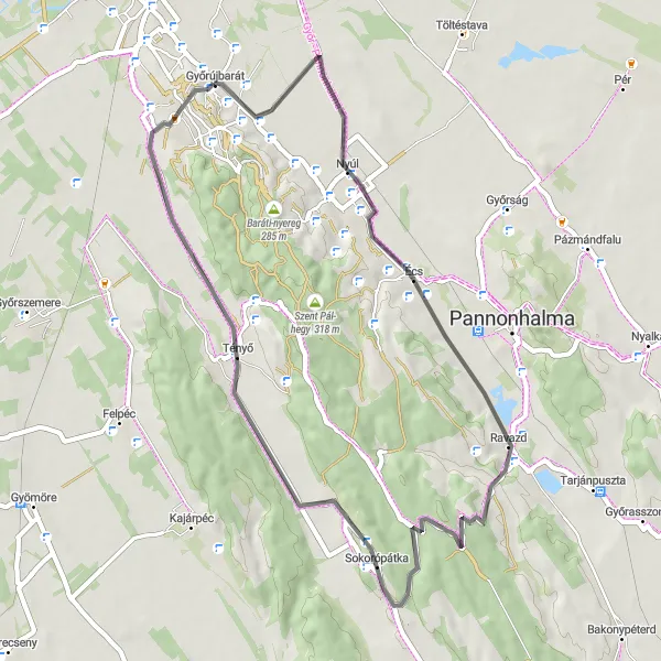 Map miniature of "Challenging Hills: Écs and Tényő Route" cycling inspiration in Nyugat-Dunántúl, Hungary. Generated by Tarmacs.app cycling route planner