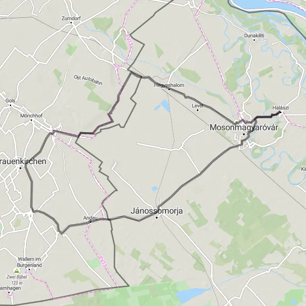 Map miniature of "Moson - Frauenkirchen Circular Route" cycling inspiration in Nyugat-Dunántúl, Hungary. Generated by Tarmacs.app cycling route planner
