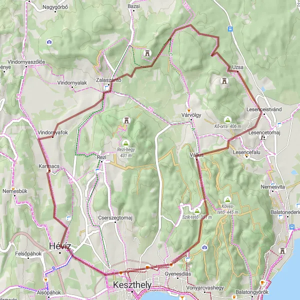 Map miniature of "Karmacs and Hévíz Gravel Route" cycling inspiration in Nyugat-Dunántúl, Hungary. Generated by Tarmacs.app cycling route planner