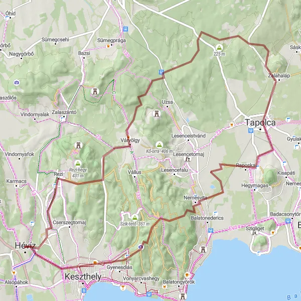 Map miniature of "Várvölgy and Hévíz Gravel Route" cycling inspiration in Nyugat-Dunántúl, Hungary. Generated by Tarmacs.app cycling route planner