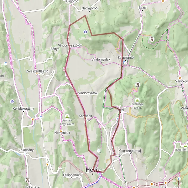 Map miniature of "Karmacs Loop Gravel Route" cycling inspiration in Nyugat-Dunántúl, Hungary. Generated by Tarmacs.app cycling route planner