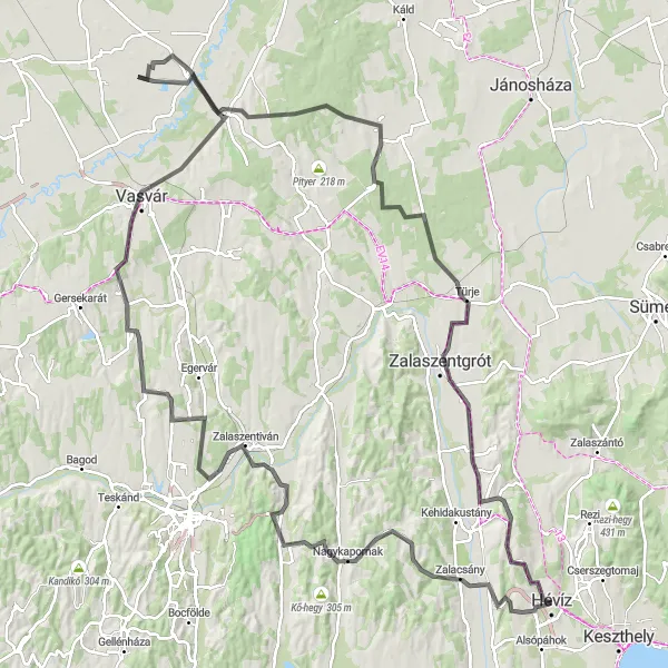 Map miniature of "Vaskó-hegy and Vasvári kilátó Tour" cycling inspiration in Nyugat-Dunántúl, Hungary. Generated by Tarmacs.app cycling route planner