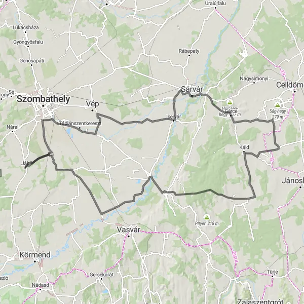 Map miniature of "Cycling the Scenic Roads of Ják" cycling inspiration in Nyugat-Dunántúl, Hungary. Generated by Tarmacs.app cycling route planner