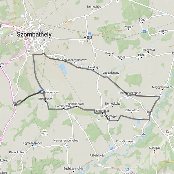 Map miniature of "Ják and the Surrounding Villages" cycling inspiration in Nyugat-Dunántúl, Hungary. Generated by Tarmacs.app cycling route planner