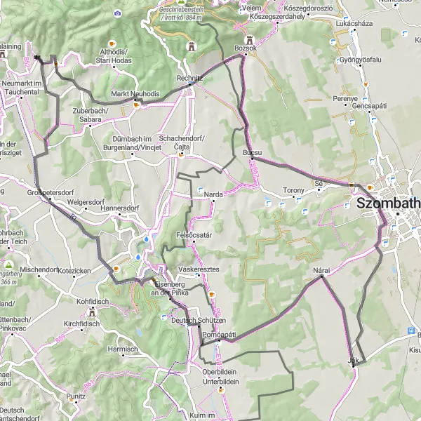 Map miniature of "Scenic Loop from Ják to Deutsch Schützen and Bucsu" cycling inspiration in Nyugat-Dunántúl, Hungary. Generated by Tarmacs.app cycling route planner