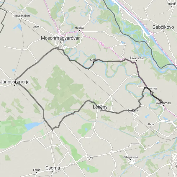 Map miniature of "Moson Road Cycling Route" cycling inspiration in Nyugat-Dunántúl, Hungary. Generated by Tarmacs.app cycling route planner