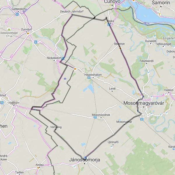 Map miniature of "The Wine Route: Jánossomorja to Rajka" cycling inspiration in Nyugat-Dunántúl, Hungary. Generated by Tarmacs.app cycling route planner