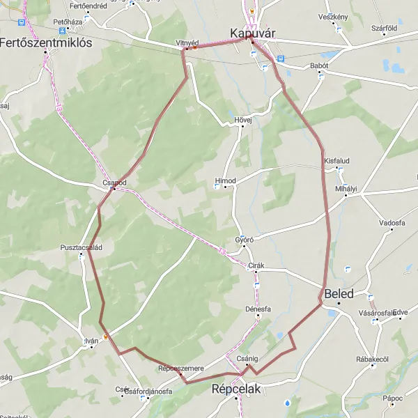 Map miniature of "Csapod Gravel Loop" cycling inspiration in Nyugat-Dunántúl, Hungary. Generated by Tarmacs.app cycling route planner