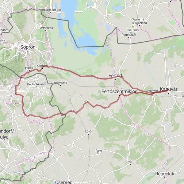 Map miniature of "Western Borderland Loop" cycling inspiration in Nyugat-Dunántúl, Hungary. Generated by Tarmacs.app cycling route planner