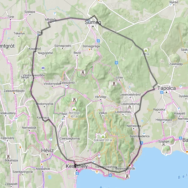 Map miniature of "Keszthely - Sümegi-várhegy" cycling inspiration in Nyugat-Dunántúl, Hungary. Generated by Tarmacs.app cycling route planner