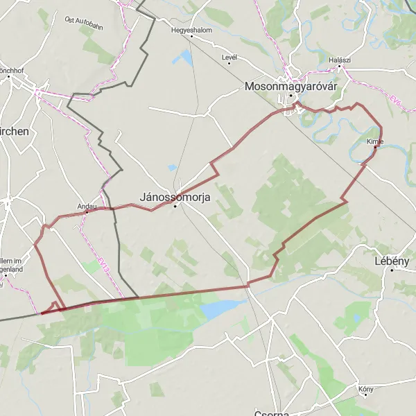 Map miniature of "Gravel Adventure with Border Crossings" cycling inspiration in Nyugat-Dunántúl, Hungary. Generated by Tarmacs.app cycling route planner