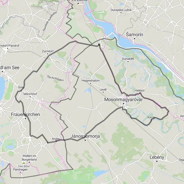 Map miniature of "Kimle to Jánossomorja Loop" cycling inspiration in Nyugat-Dunántúl, Hungary. Generated by Tarmacs.app cycling route planner