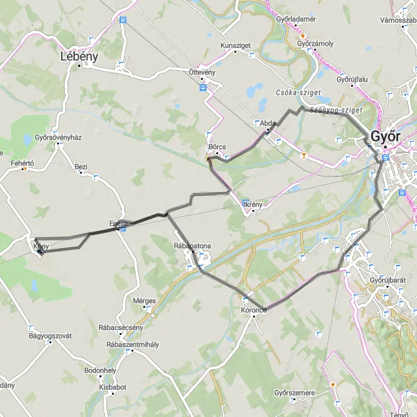 Map miniature of "Kóny to Enese Road Route" cycling inspiration in Nyugat-Dunántúl, Hungary. Generated by Tarmacs.app cycling route planner