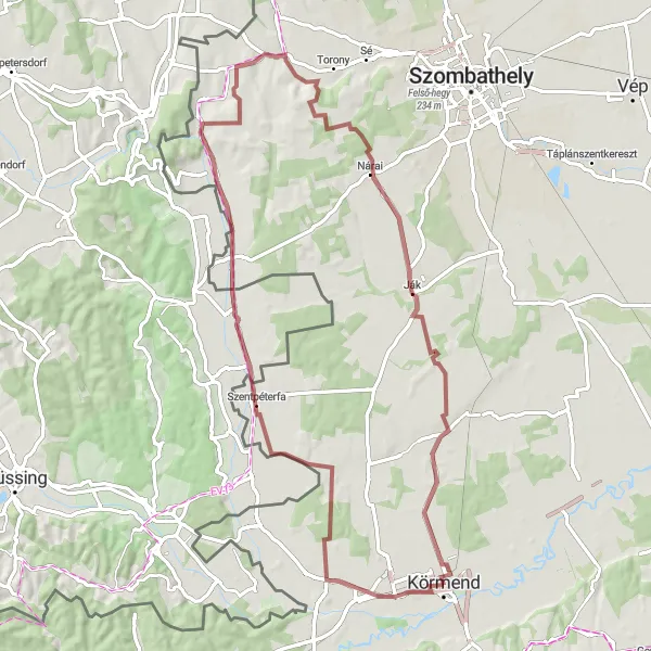 Map miniature of "Körmend - Szőlődomb - Magyarnádalja - Oberbildein - Dozmat - Ják - Körmend" cycling inspiration in Nyugat-Dunántúl, Hungary. Generated by Tarmacs.app cycling route planner