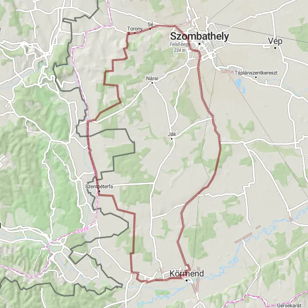 Map miniature of "Körmend - Szőlődomb - Magyarnádalja - Oberbildein - Torony - Kisunyom - Egyházasrádóc - Esőbeálló" cycling inspiration in Nyugat-Dunántúl, Hungary. Generated by Tarmacs.app cycling route planner